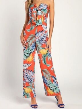 Lulus Luxe Luau Orange Tropical Print Strapless Tie-Front‎ Jumpsuit Womens Small